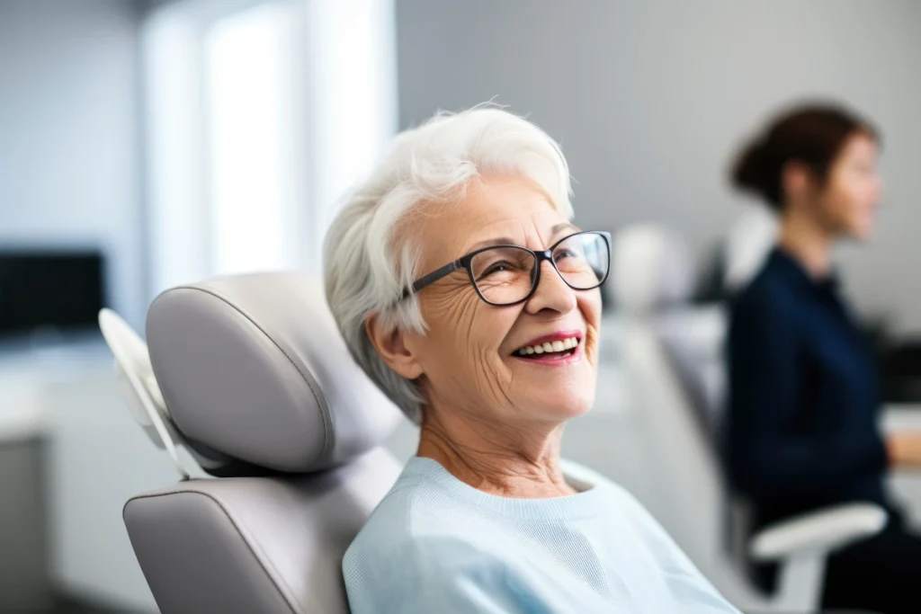 Woman sitting and smiling in patient chair listening to treatment options for replacing all missing teeth